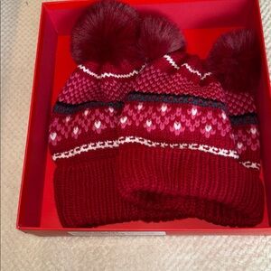 Family Style Red and White Knit Pom Pom Beanie Set adult & baby Christmas gift